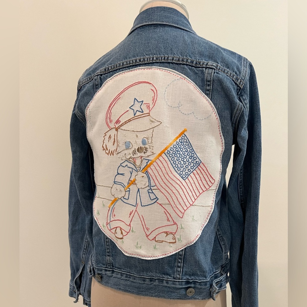 Upcycled denim jacket with 4th of July these vintage linen, hand-embellished